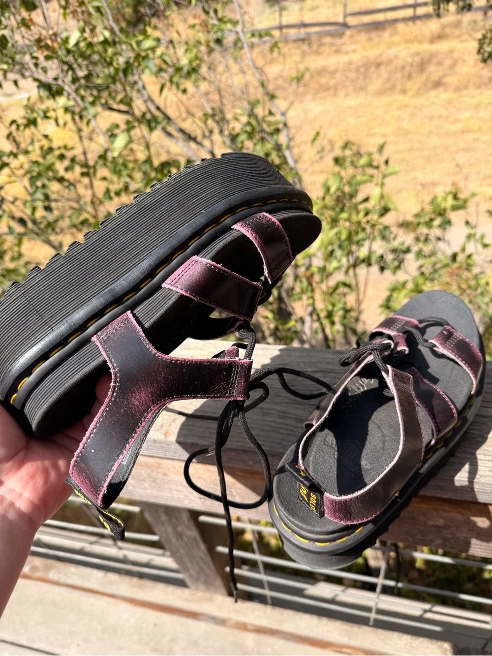 Dr. Martens Metallic Pink and Black Platform Lace-Up Sandals